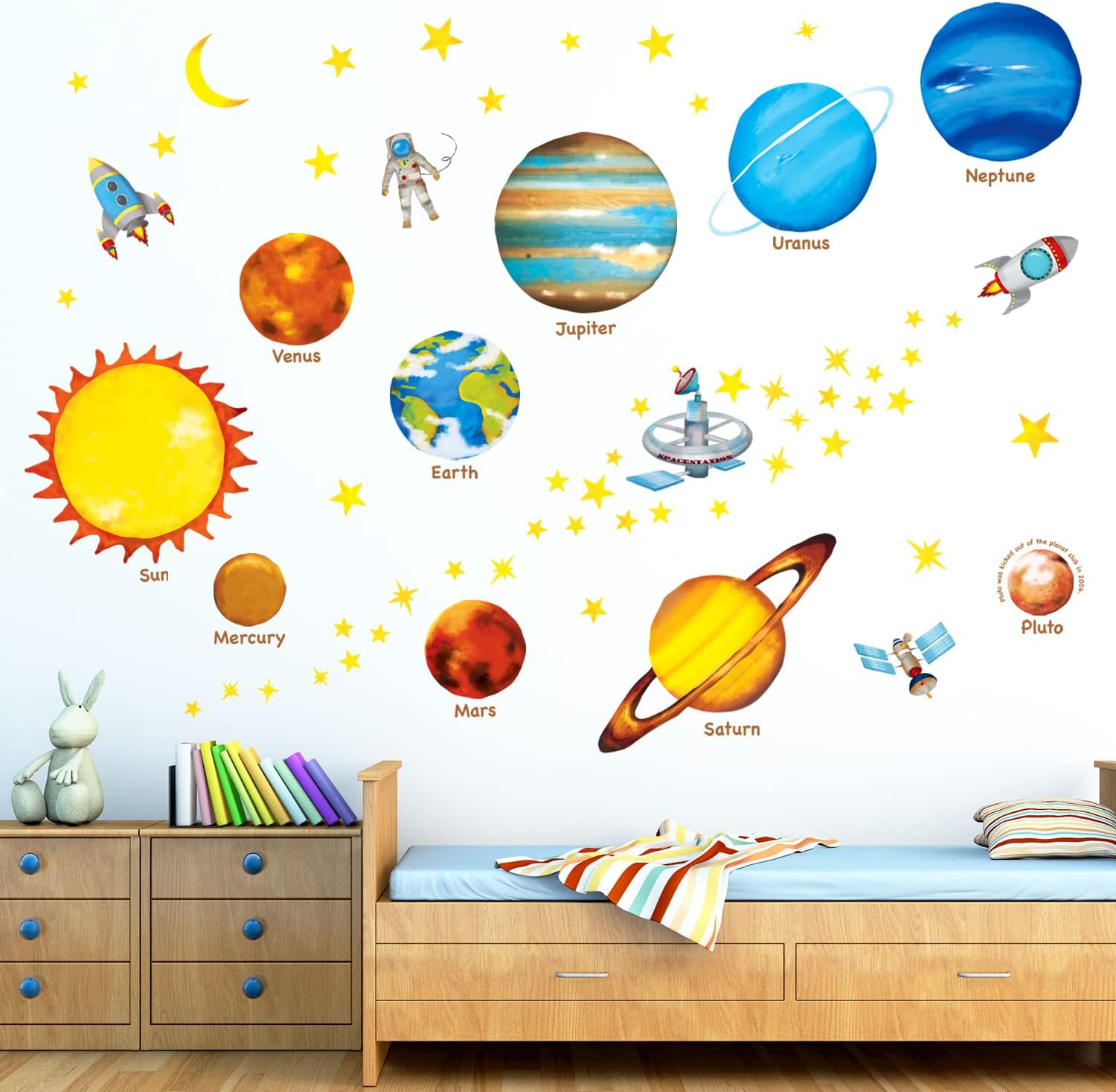 Planets in the Space Kids Wall Stickers Decals Peel and Stick Removable for Nursery Bedroom Living Room