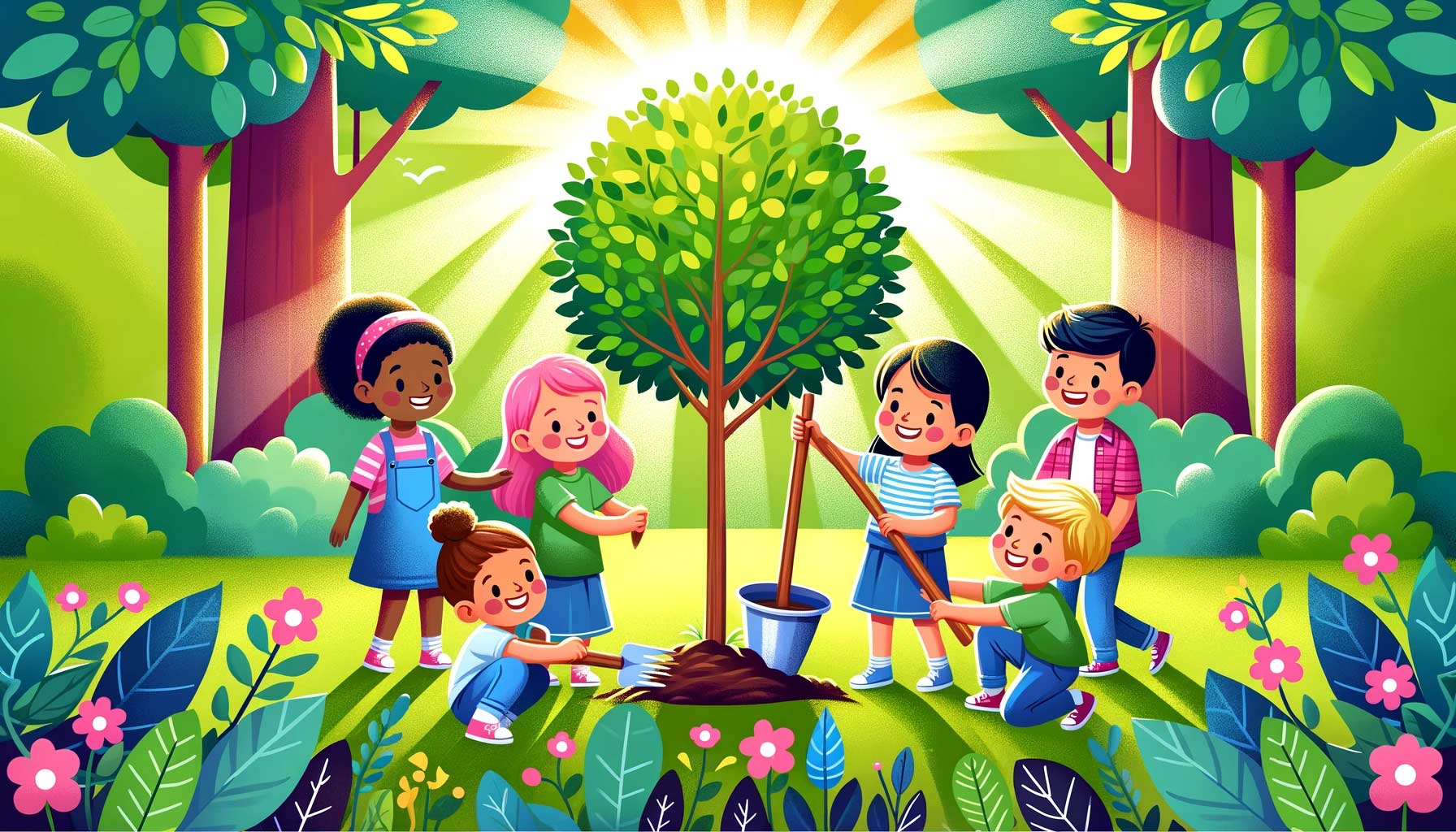 Teaching Children Love and Appreciation for Nature, Bugpapa Kids Songs, Bugpapatv, Happy children planting a tree together in a colorful, natural setting with bright sunlight and green surroundings, evoking joy, cooperation, and a connection to nature