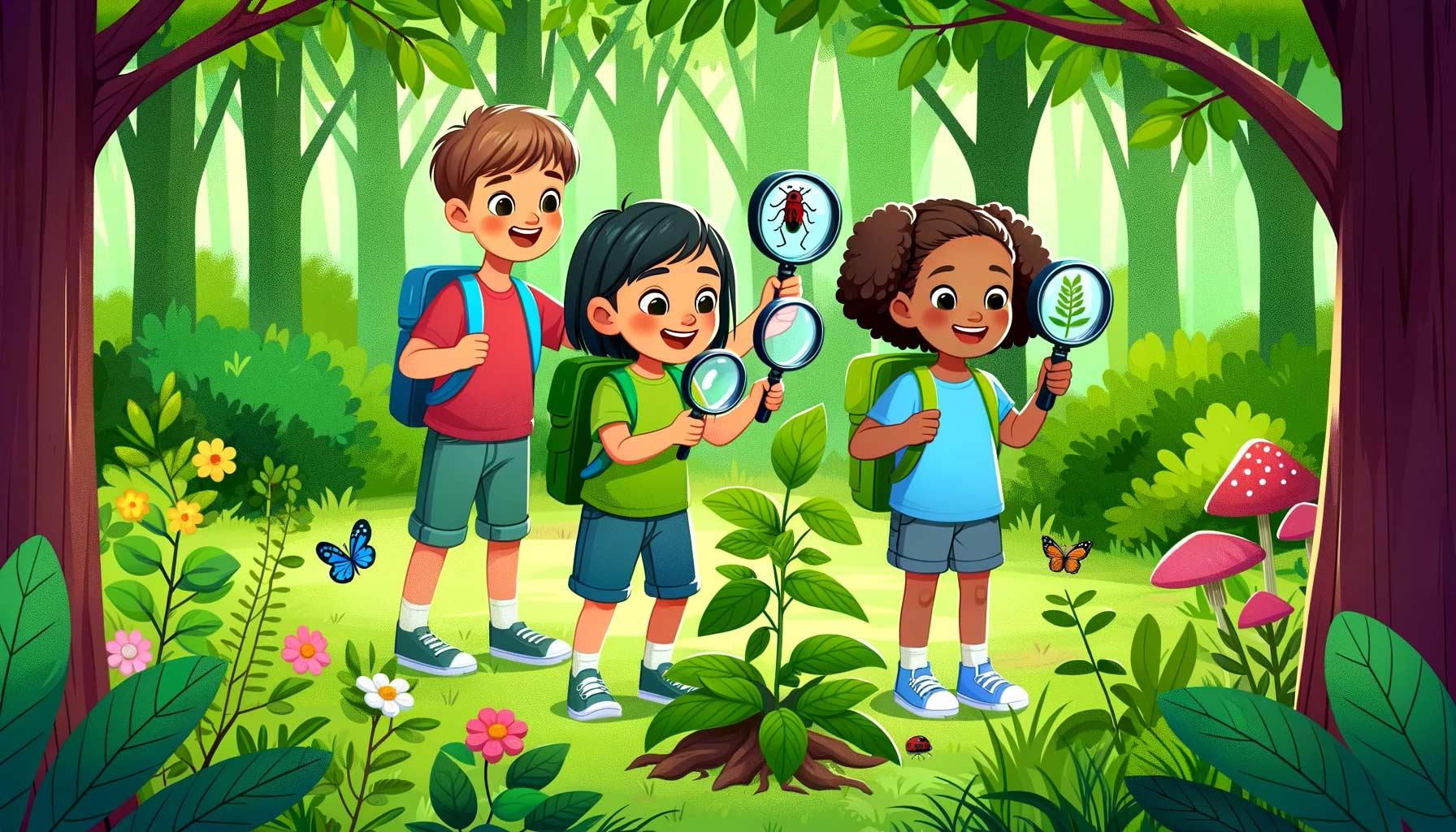 Teaching Children Love and Appreciation for Nature, Bugpapa Kids Songs, Bugpapatv, Happy children exploring nature, observing plants and insects with magnifying glasses in a vibrant, green forest, evoking curiosity, joy, and a connection to the natural world.