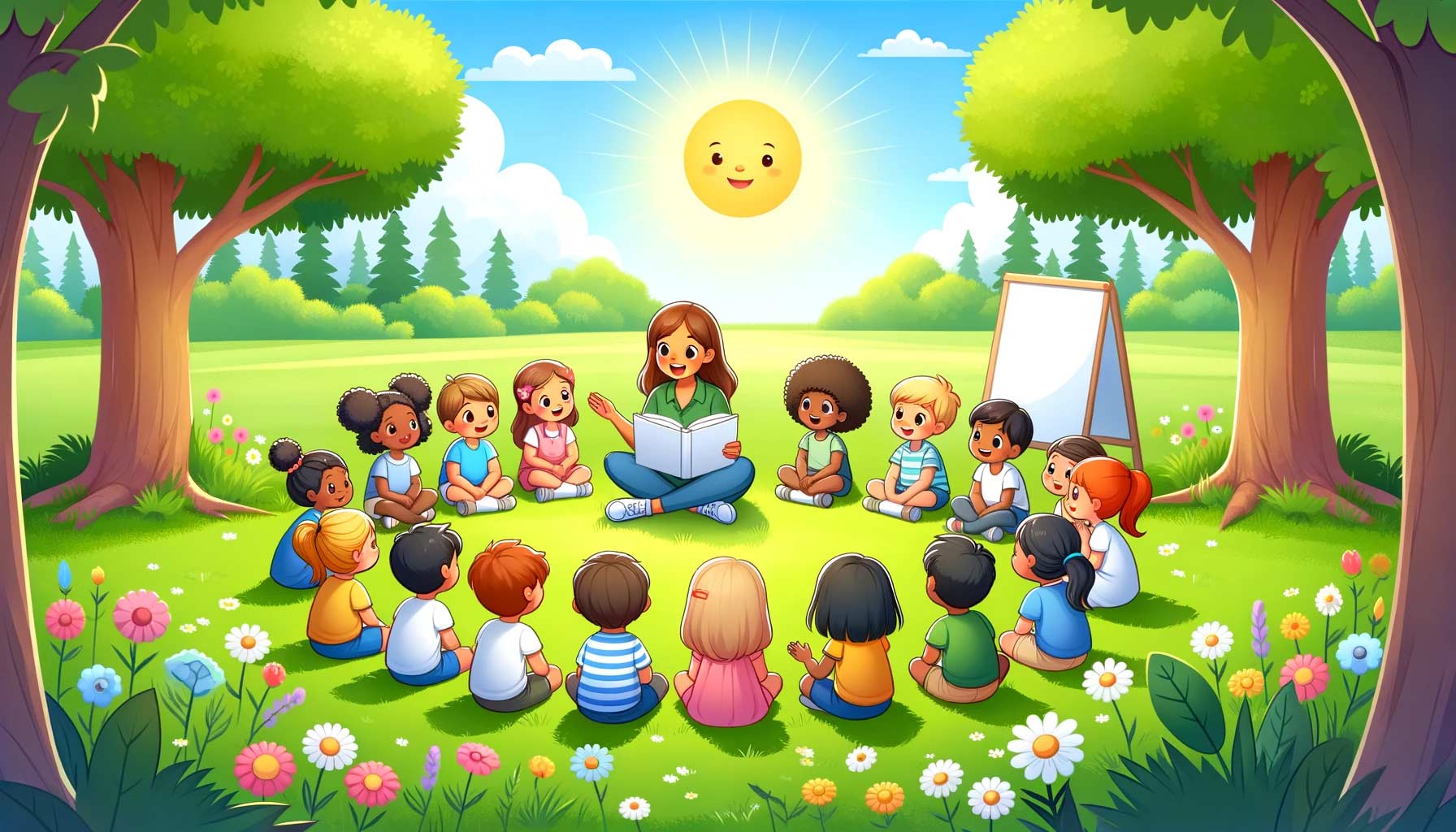 Teaching Children Love and Appreciation for Nature, Bugpapa Kids Songs, Bugpapatv, Happy children sitting in a circle on a grassy field, listening to a teacher or parent reading a story about nature, with trees, flowers, and a bright, sunny sky in the background, evoking a sense of learning and connection to nature.