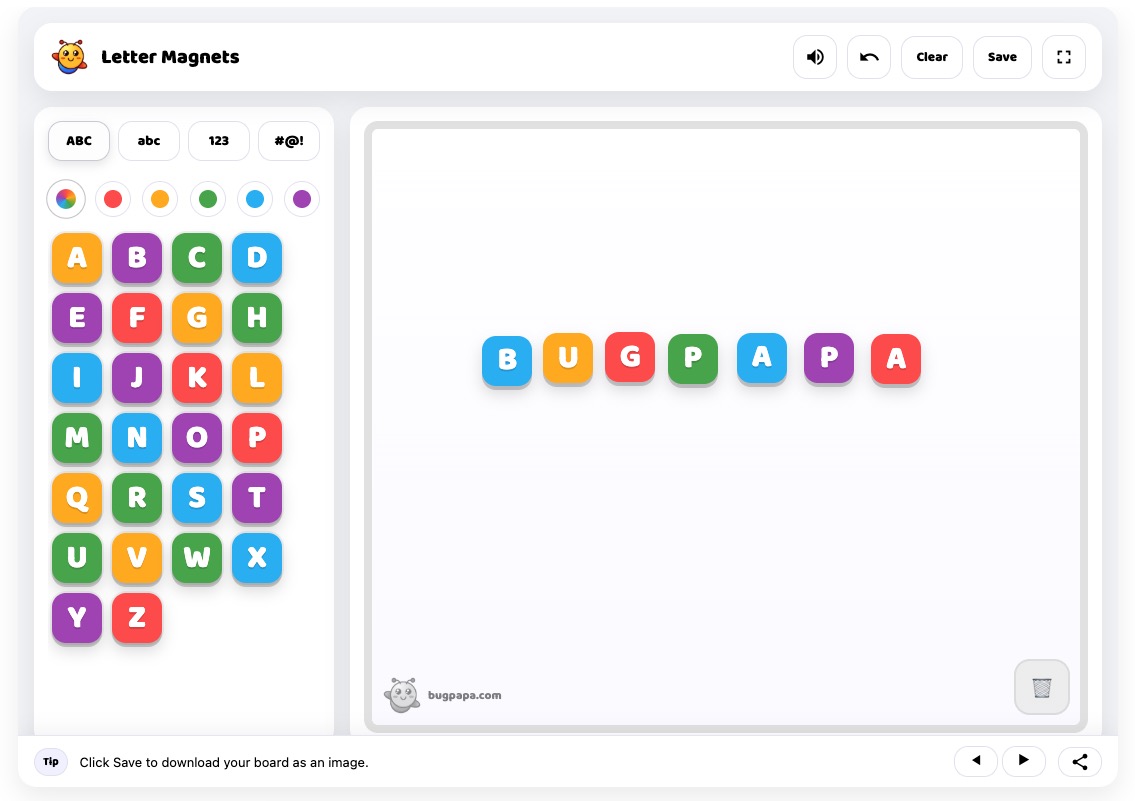 Online magnetic letters game for kids with audio sounds — Bugpapa Interactive Magnet Board