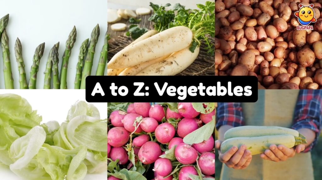 ABC Veggies, A to Z Vegetables Phonics Song. Learn phonics with real photos and images with Bugpapa