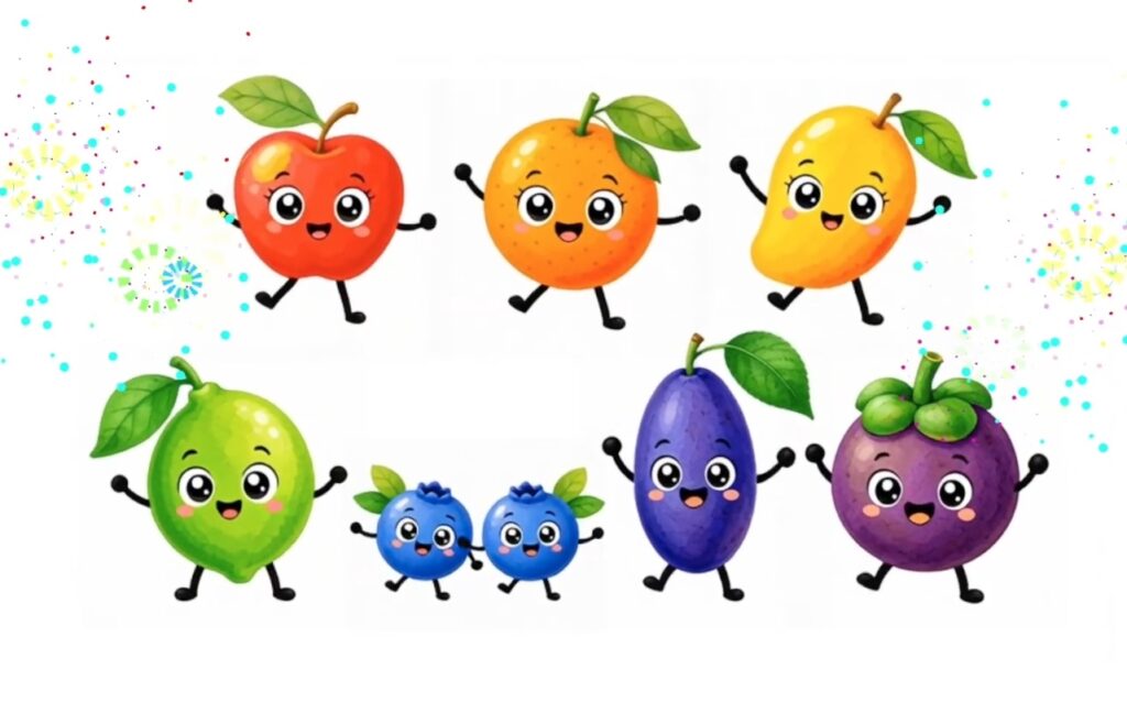 Apple, Orange, Mango, Lime, Blueberry, Damson, Mangosteen, Rainbow Fruits